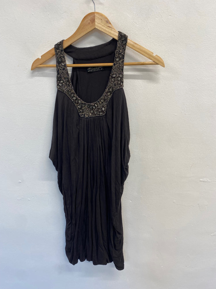 Fabulous All saints Spitalfields Tunic Dress y2k jewel UK 8 Charcoal Grey YS486