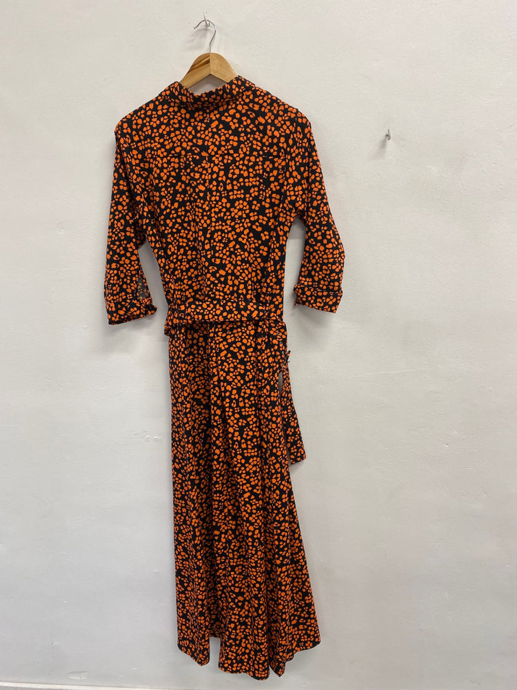 Fabulous Dancing Leopard Maxi Dress UK 10 Black orange spotted belted FH003