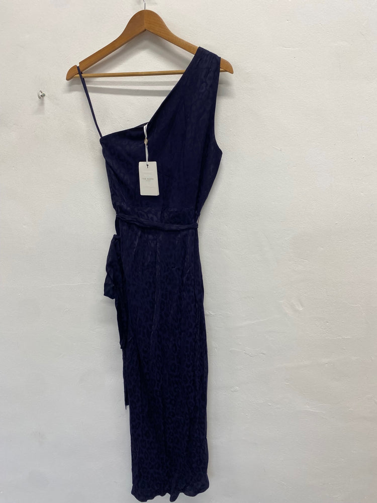Fabulous Ted Baker evening zoeii Midi Dress UK 12 Navy jaquard GM485