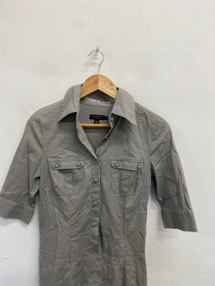 Fabulous Ted Baker Midi Dress UK 8 Grey frill hem safari UK 8 AC488