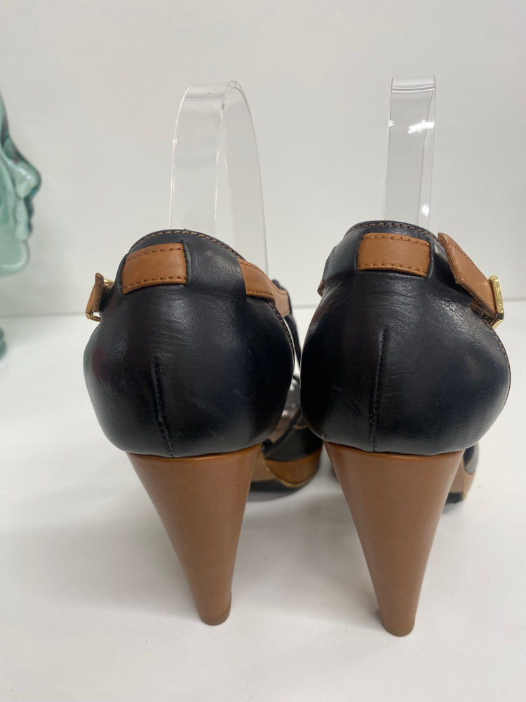 Fabulous Hobbs tooled leather heels Shoes UK4 Black & Tan T bar AC488