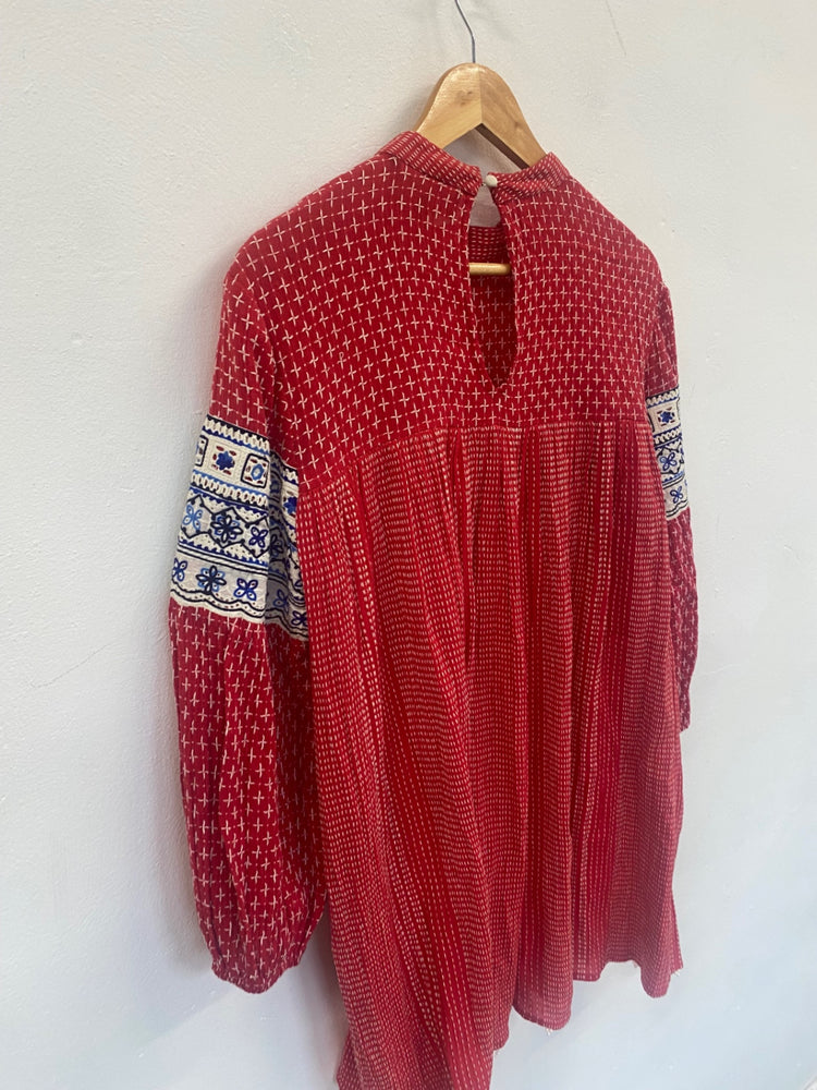 Fabulous Hemant & Nandita smock boho peasant Mini dress UkM Red SH493