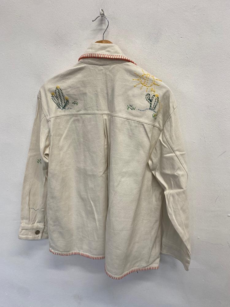 Fabulous Zara Denim Jacket UK S Beige embroidered SH493