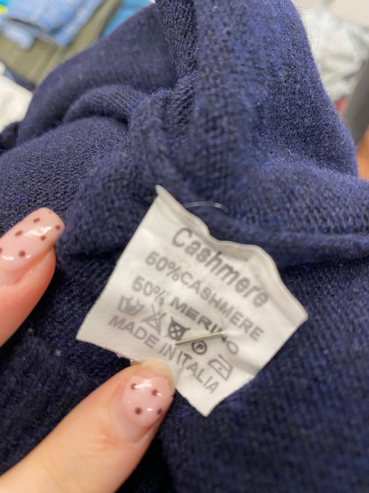 Fabulous Biscuit Sweater cashmere wool UK 12 Navy green elbow patch SH493