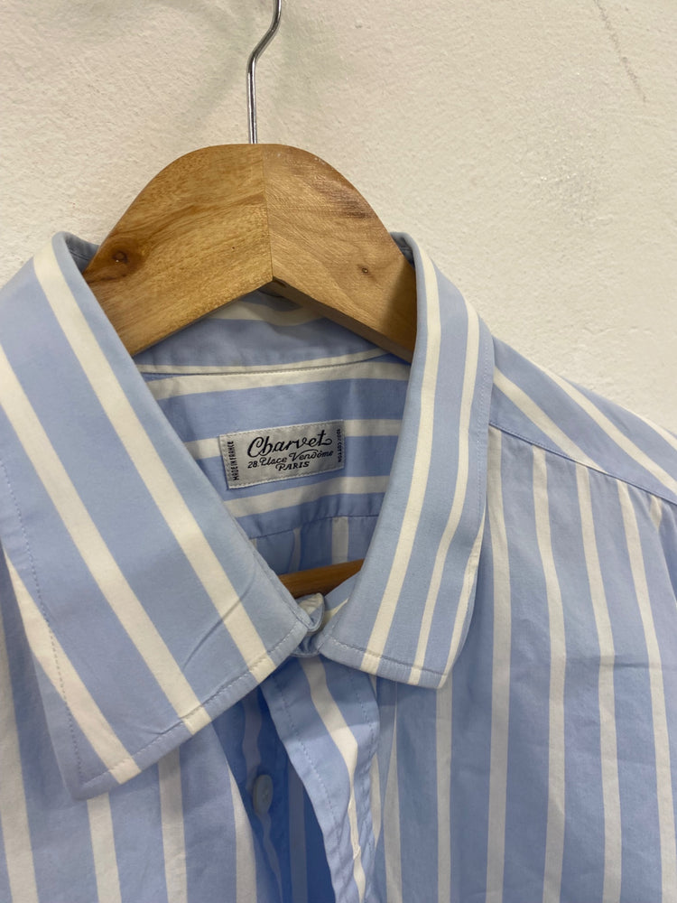 Fabulous Charvet French double cuff Dress Shirt XL 17.5” collar Blue &white striped SH493