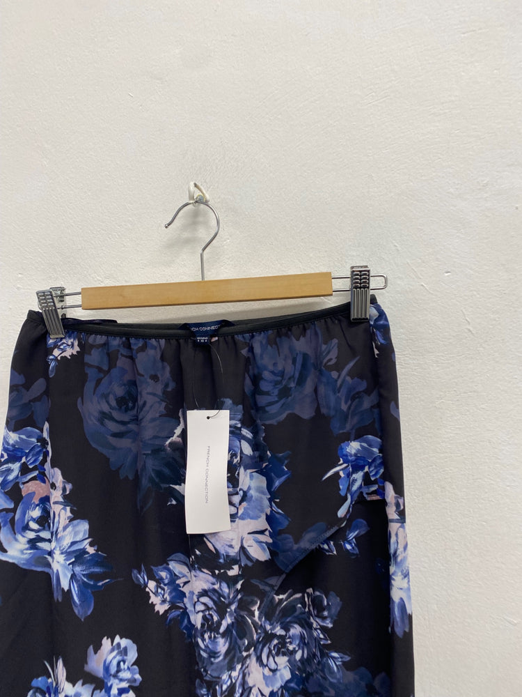 Fabulous French Connection Midi Skirt UK 8 Blue floral split hem NF494