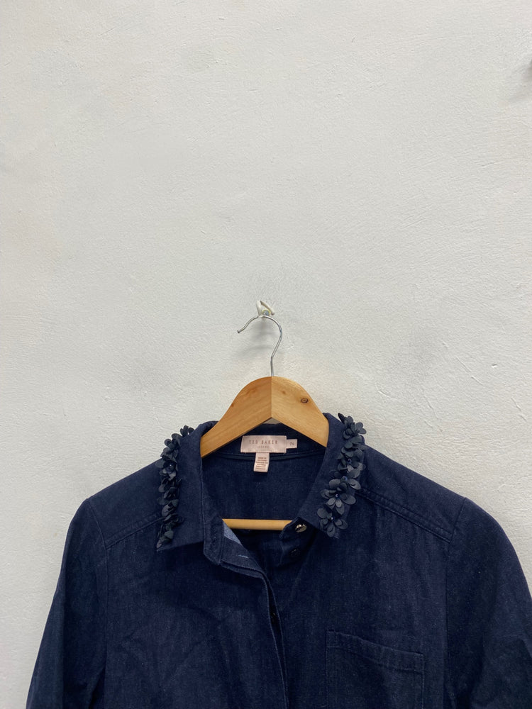 Fabulous Ted Baker Dress UK 10 Dark Blue denim tie waist NF494