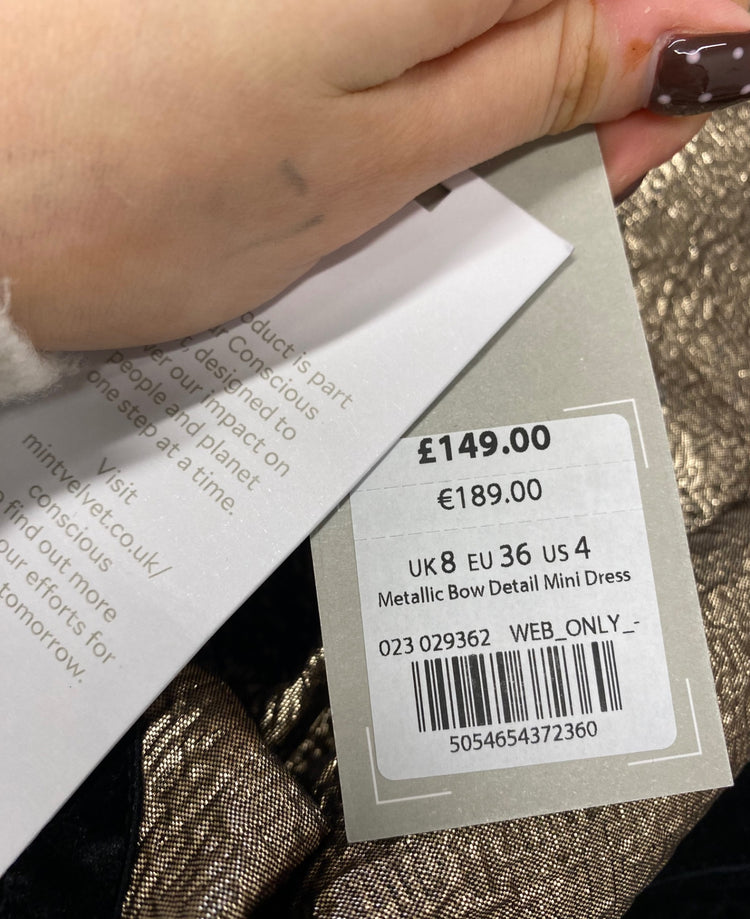 Fabulous Mint Velvet Mini dress UK 8 Gold bow detail metallic party RG020