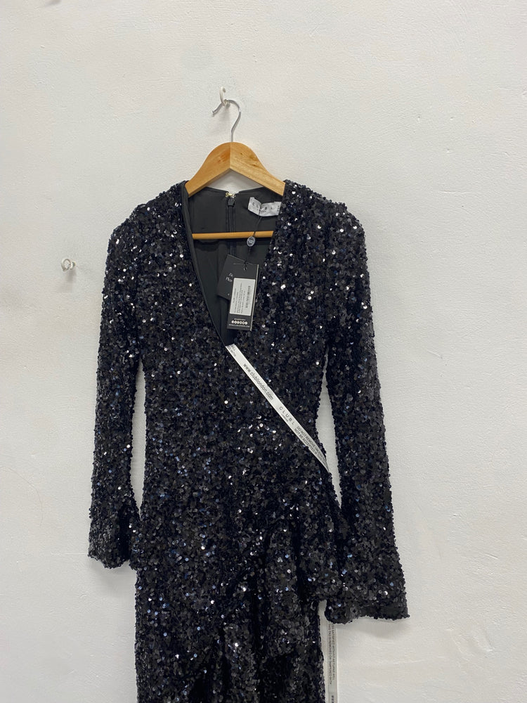 Fabulous Club L london wild dream Maxi Dress UK 10 Black sequin party RG020