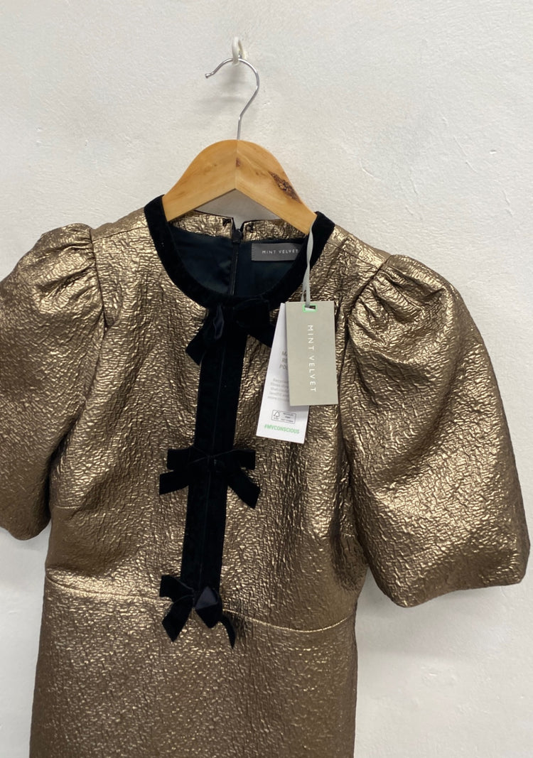 Fabulous Mint Velvet Mini dress UK 8 Gold bow detail metallic party RG020