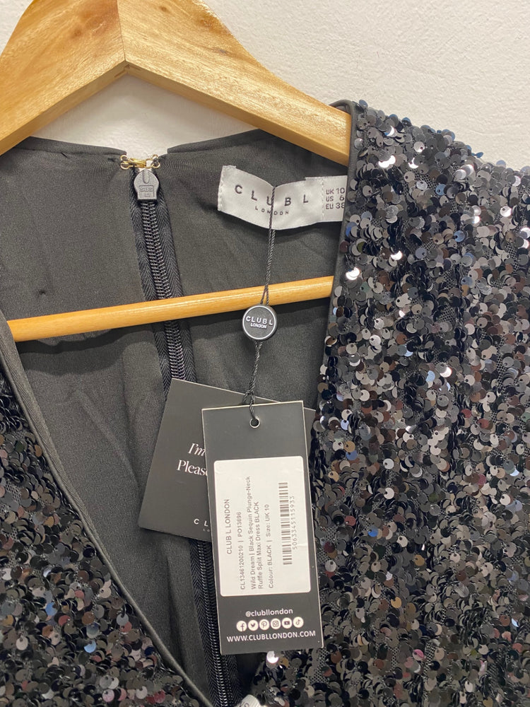 Fabulous Club L london wild dream Maxi Dress UK 10 Black sequin party RG020