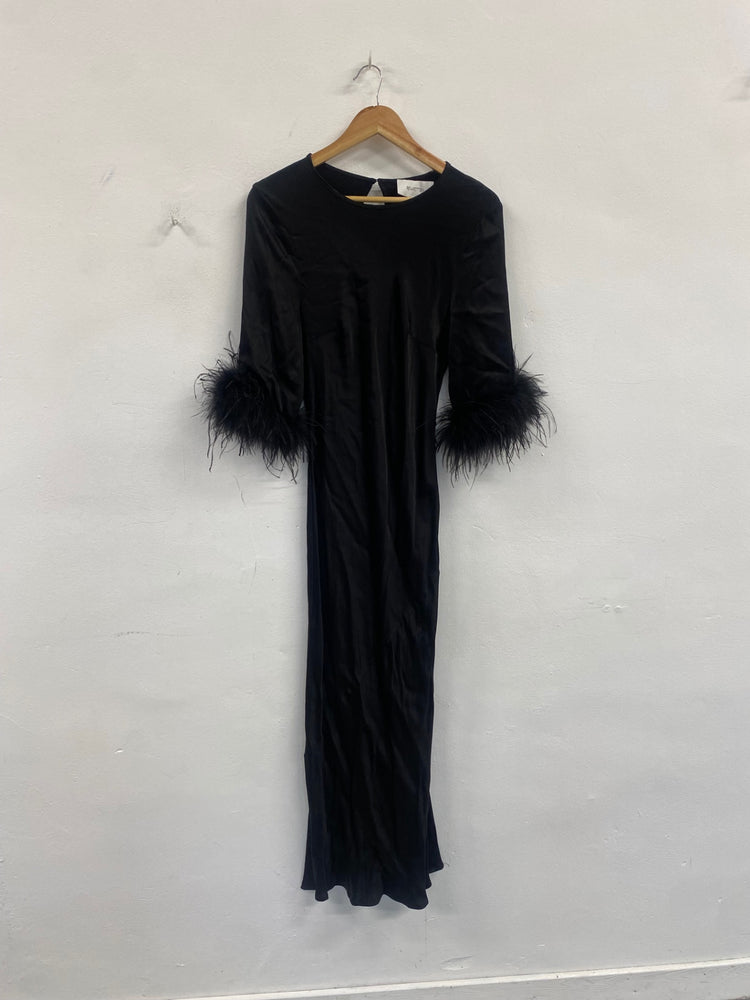 Fabulous Rewritten Satin elegant Dolly Dress feather cuffs UK14 Black SS002