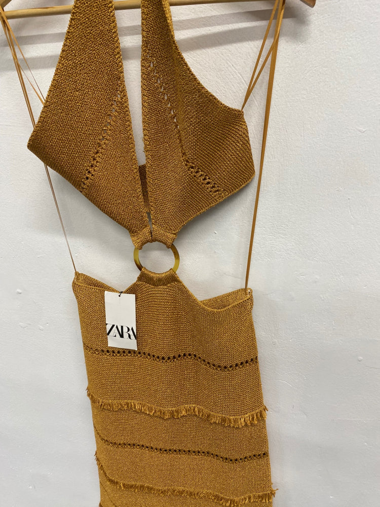 Fabulous Zara Dress UK 10 Mustard metallic dress holiday CP002