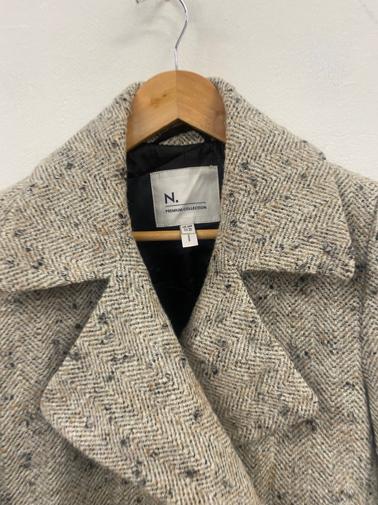 Fabulous Next Overcoat UK10 petite Beige black Marl double breasted Trench CP002