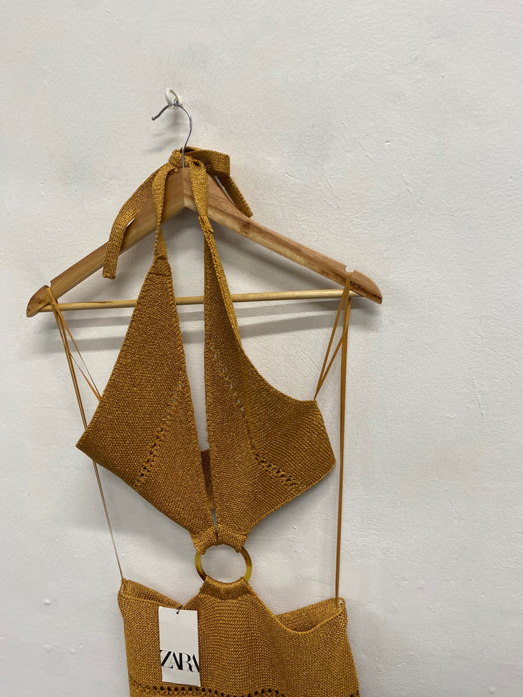 Fabulous Zara Dress UK 10 Mustard metallic dress holiday CP002