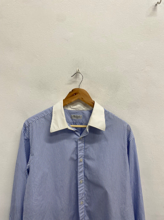 Fabulous Charvet Shirt 17” French cuff Blue white striped cotton formal SH493
