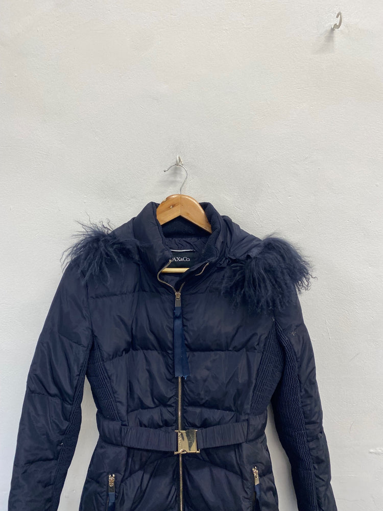 Fabulous Max&co Puffer midi hooded Jacket UK 10 Navy LT002
