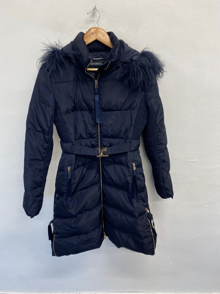 Fabulous Max&co Puffer midi hooded Jacket UK 10 Navy LT002