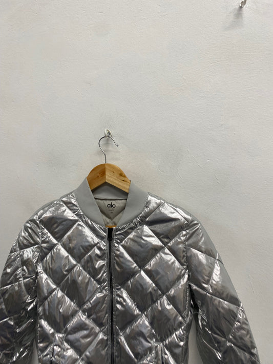 Fabulous Alo Bomber down filled quilted Jacket UK 6-8 Silver KF221