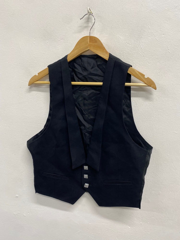 Fabulous ex hire Scottish Prince Charlie Wool Kilt waistcoat 36R Black #911 MD001