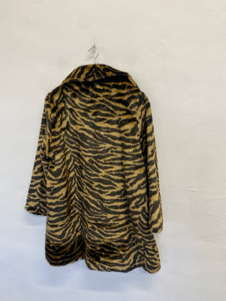 Fabulous H&M Faux fur jacket UK 12 Tiger animal print brown black KM507