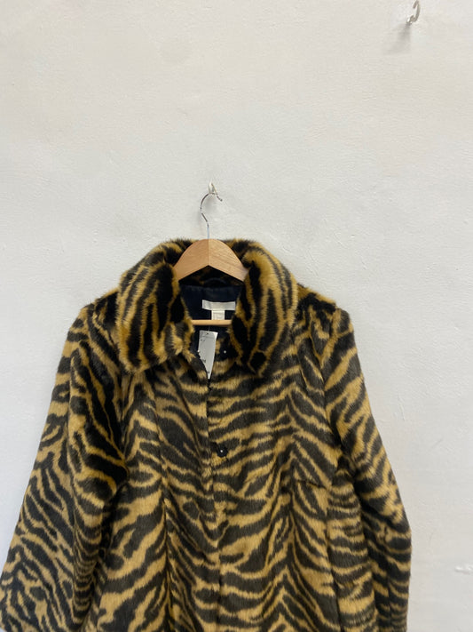 Fabulous H&M Faux fur jacket UK 12 Tiger animal print brown black KM507