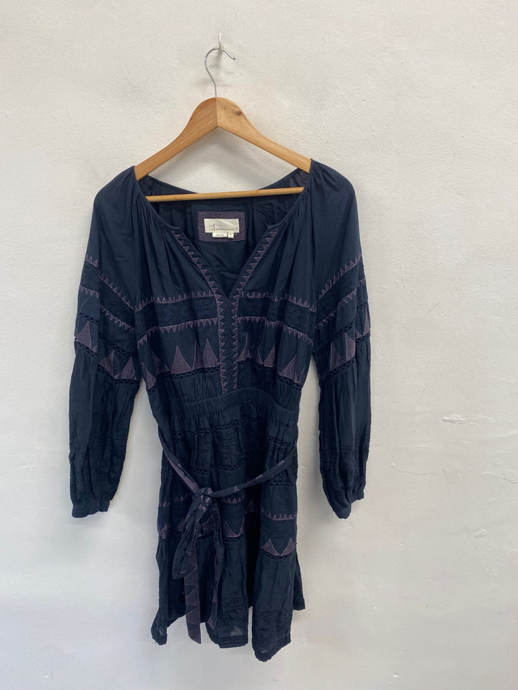 Fabulous Anthropologie Skye Midi Dress UK 14 Navy embroidered LB512