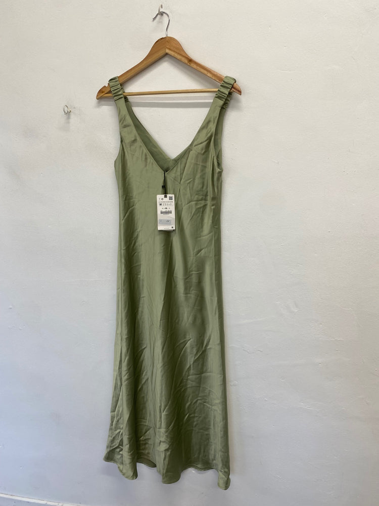 Stunning Zara Midi satin Dress UK 12 Olive green new KS545