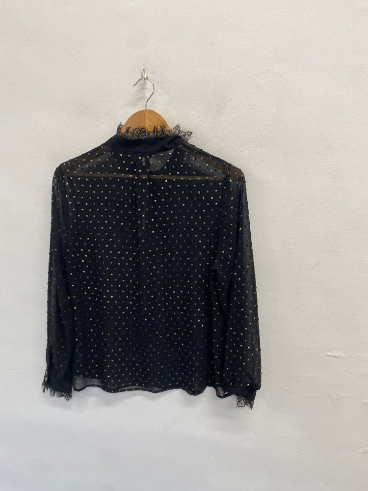 Stunning Ted Baker Blouse Uk 10 Black gold sheer spotted CT551