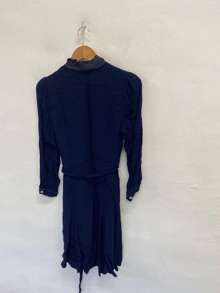 Stunning L.K. Bennett Midi dr jean Dress piping buttons collar UK 12 Navy CT551