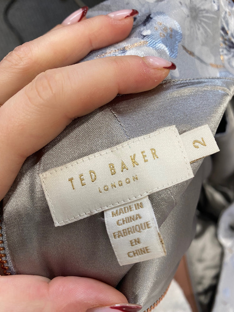 Stunning Ted Baker Midi Dress Uk 10 Grey floral bow CT551