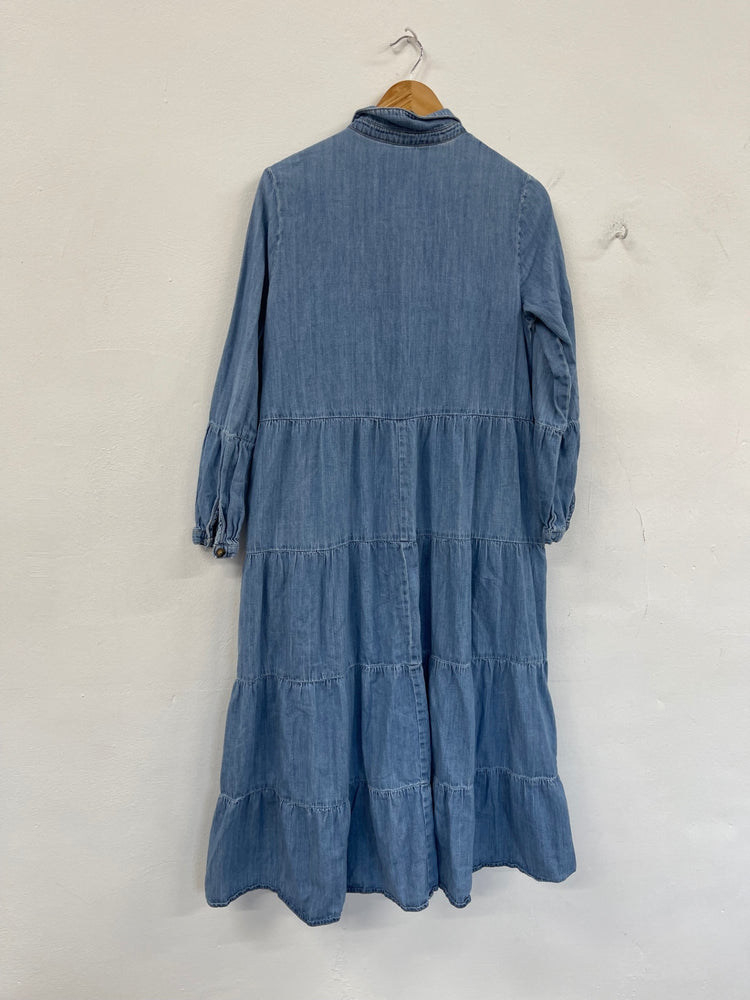 Stunning Per Una Chambray tiered midi Dress Uk10 Light Blue CT551