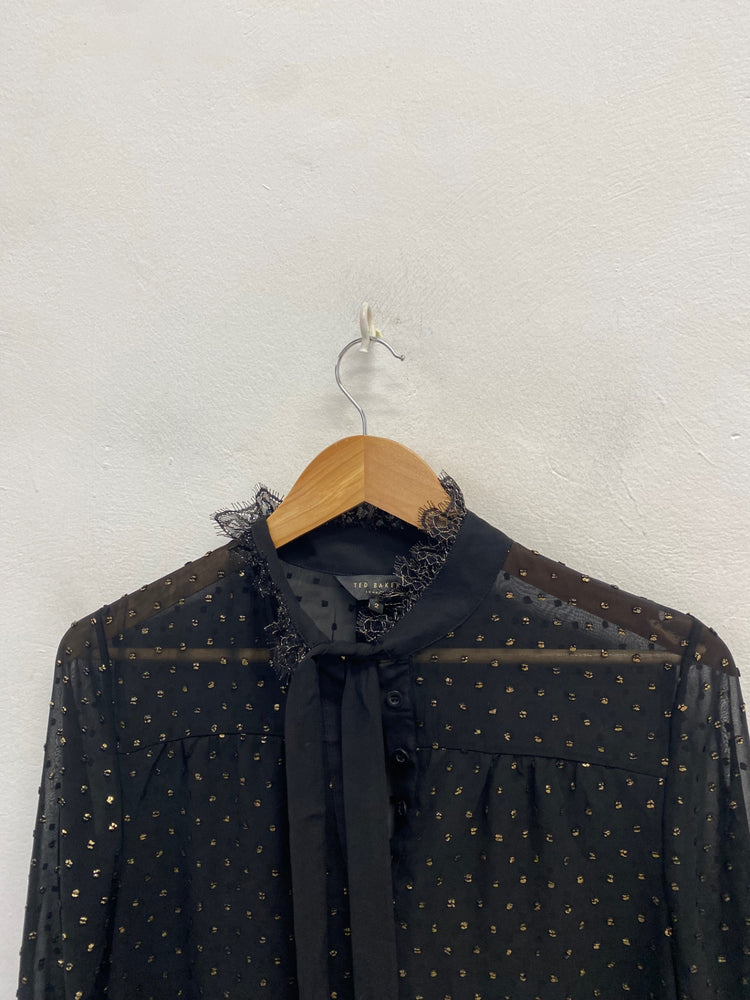 Stunning Ted Baker Blouse Uk 10 Black gold sheer spotted CT551