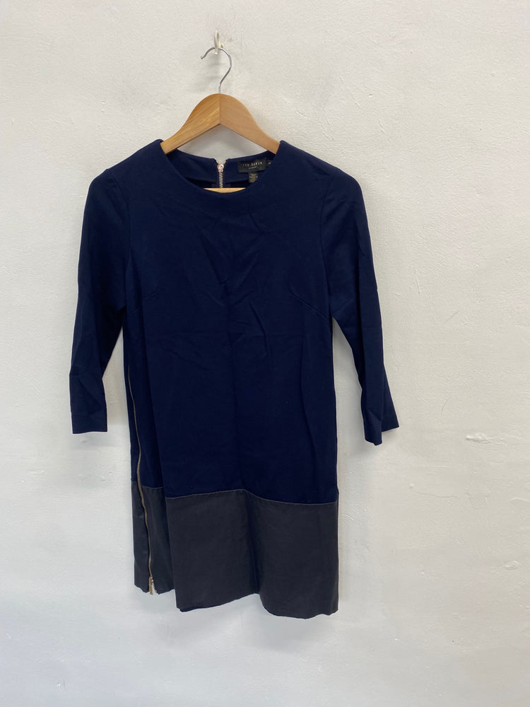 Stunning Ted Baker Midi Dress leather formal Uk 10 Navy black CT551