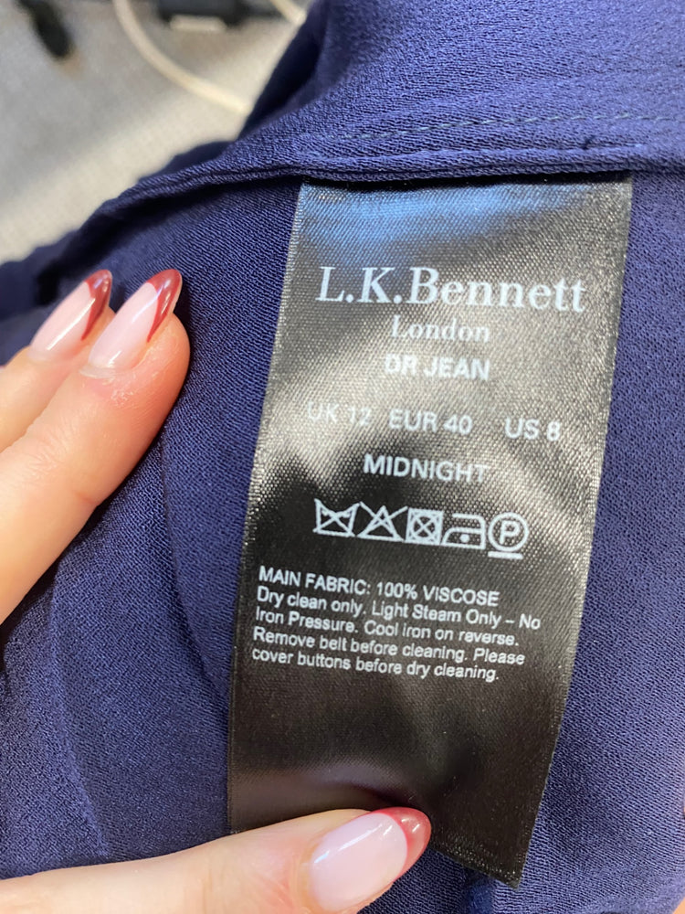 Stunning L.K. Bennett Midi dr jean Dress piping buttons collar UK 12 Navy CT551