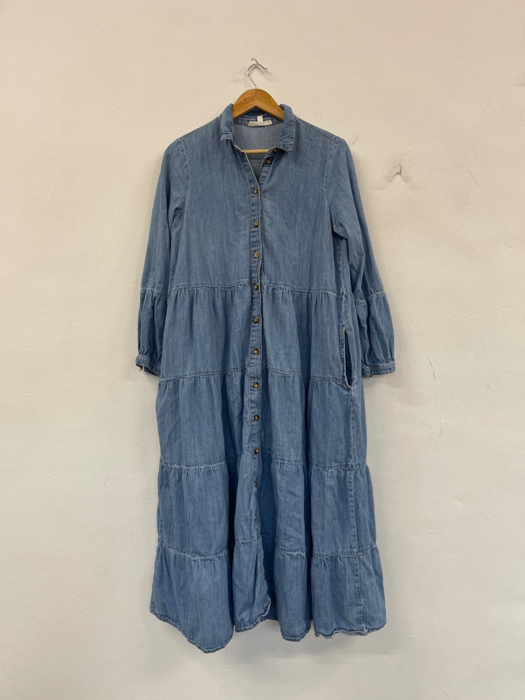 Stunning Per Una Chambray tiered midi Dress Uk10 Light Blue CT551