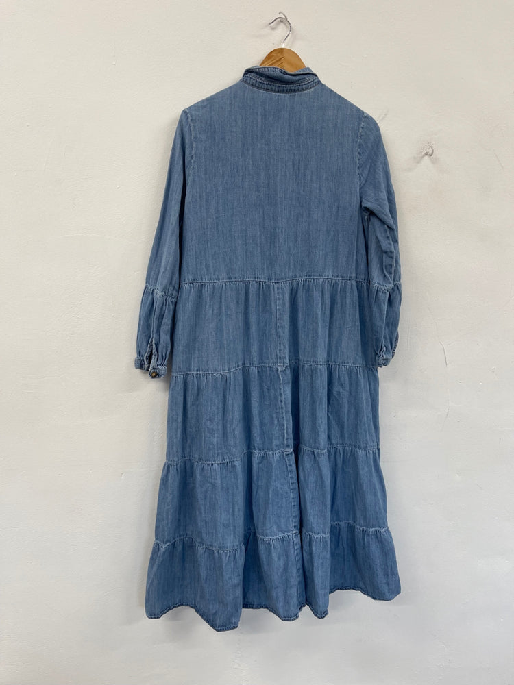 Stunning Per Una Chambray tiered midi Dress Uk10 Light Blue CT551