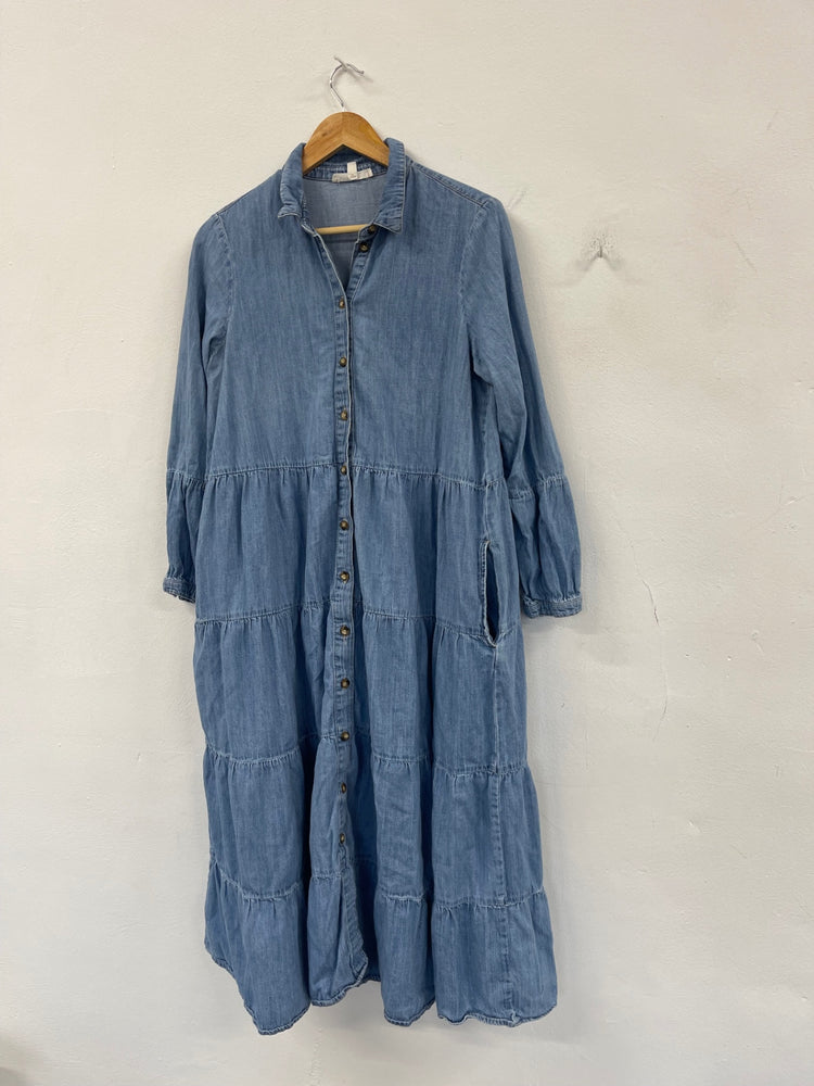 Stunning Per Una Chambray tiered midi Dress Uk10 Light Blue CT551