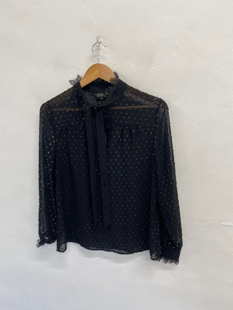 Stunning Ted Baker Blouse Uk 10 Black gold sheer spotted CT551