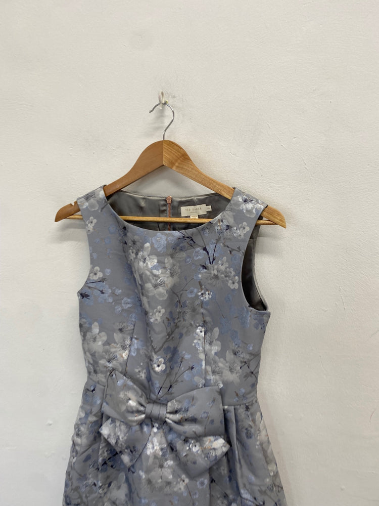 Stunning Ted Baker Midi Dress Uk 10 Grey floral bow CT551