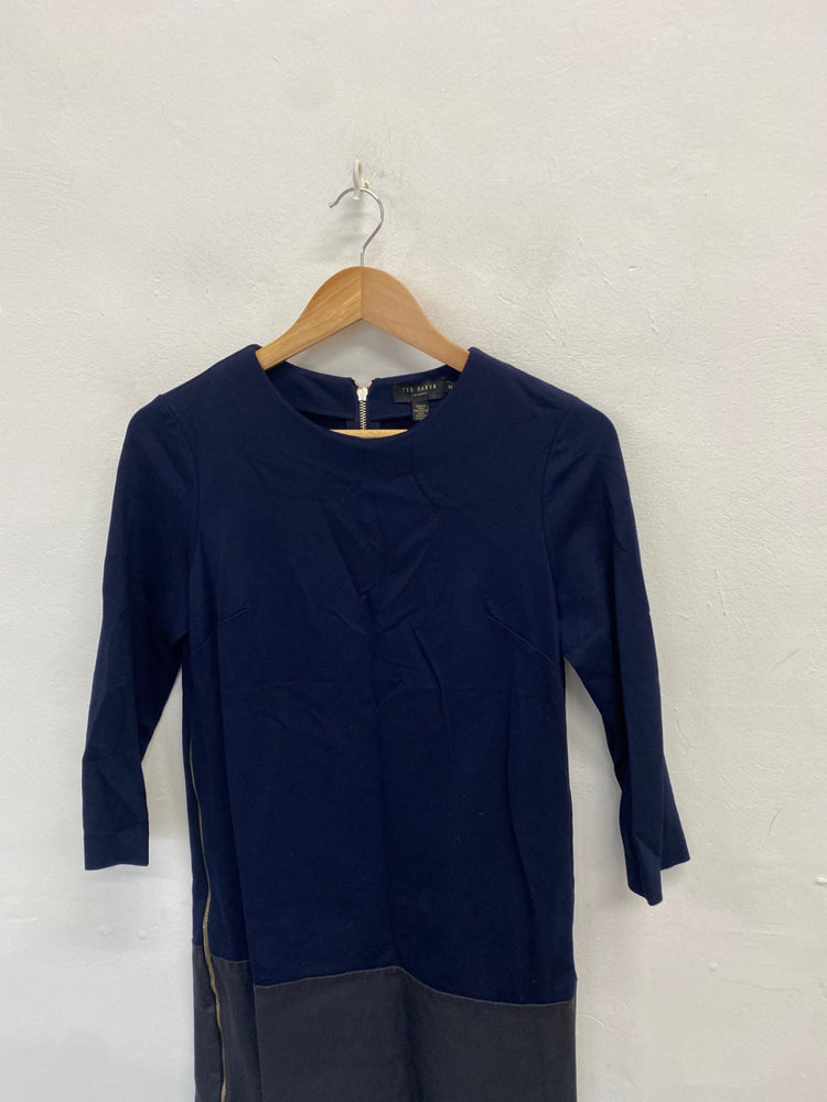 Stunning Ted Baker Midi Dress leather formal Uk 10 Navy black CT551