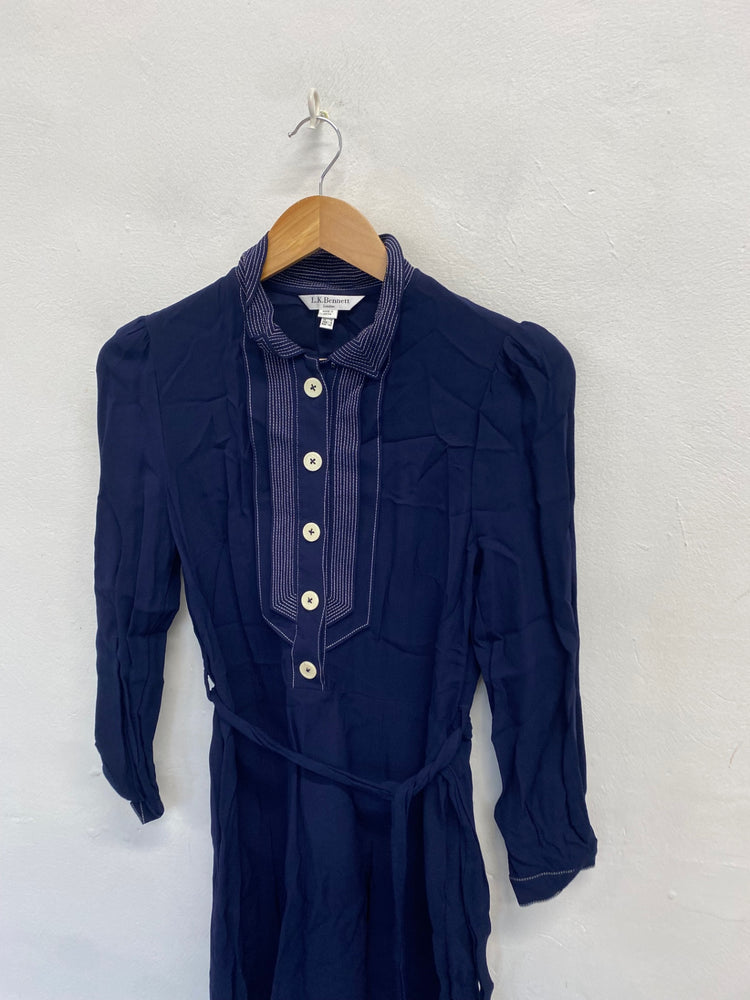Stunning L.K. Bennett Midi dr jean Dress piping buttons collar UK 12 Navy CT551