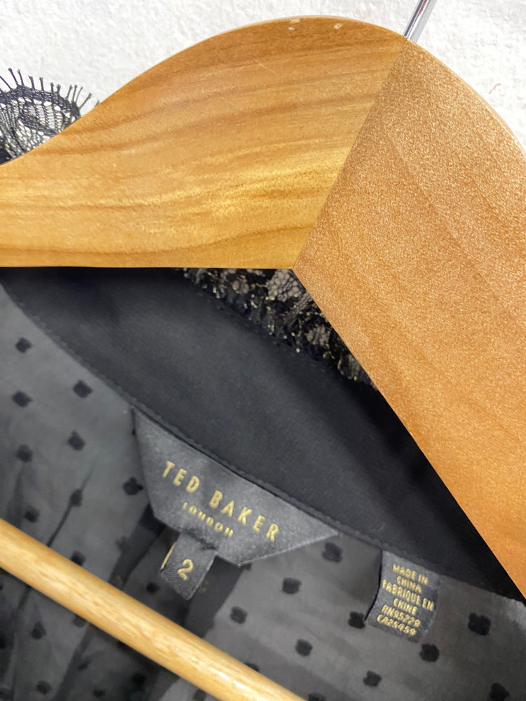 Stunning Ted Baker Blouse Uk 10 Black gold sheer spotted CT551