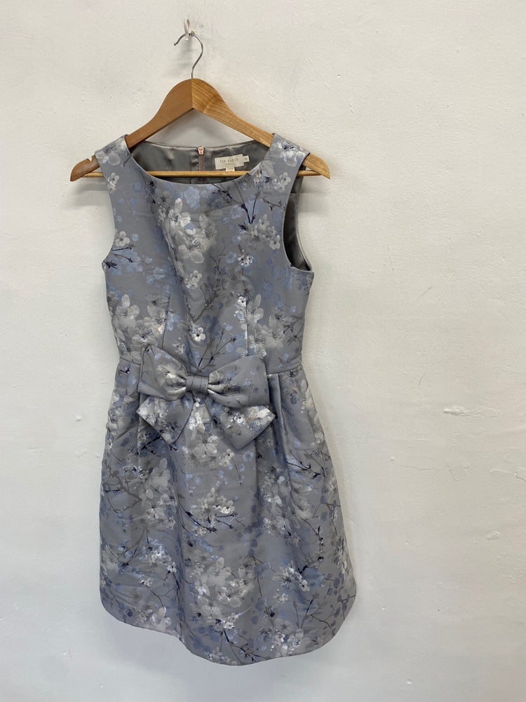 Stunning Ted Baker Midi Dress Uk 10 Grey floral bow CT551