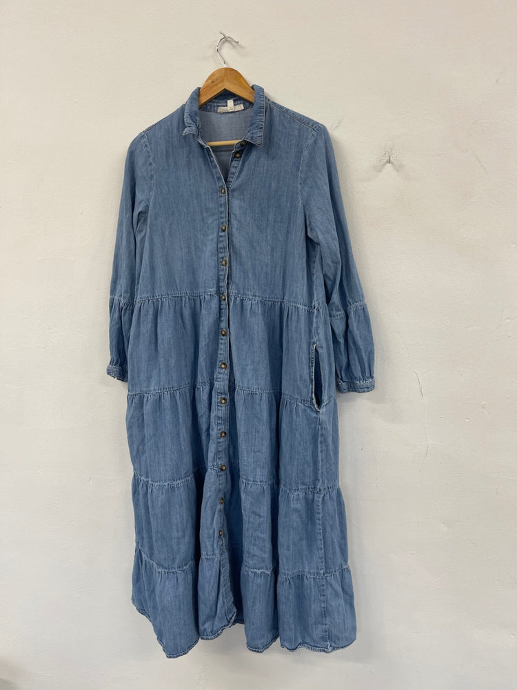 Stunning Per Una Chambray tiered midi Dress Uk10 Light Blue CT551