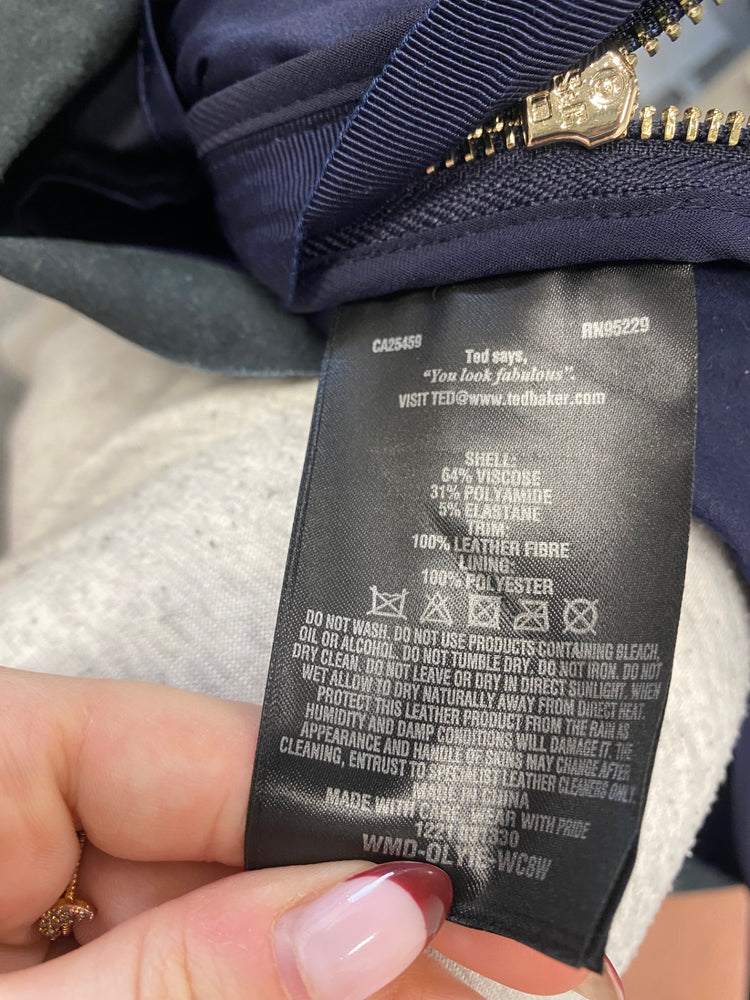 Stunning Ted Baker Midi Dress leather formal Uk 10 Navy black CT551