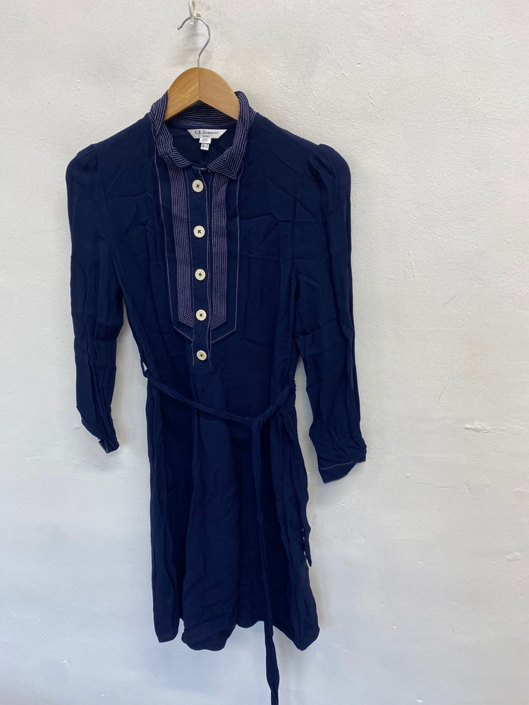 Stunning L.K. Bennett Midi dr jean Dress piping buttons collar UK 12 Navy CT551