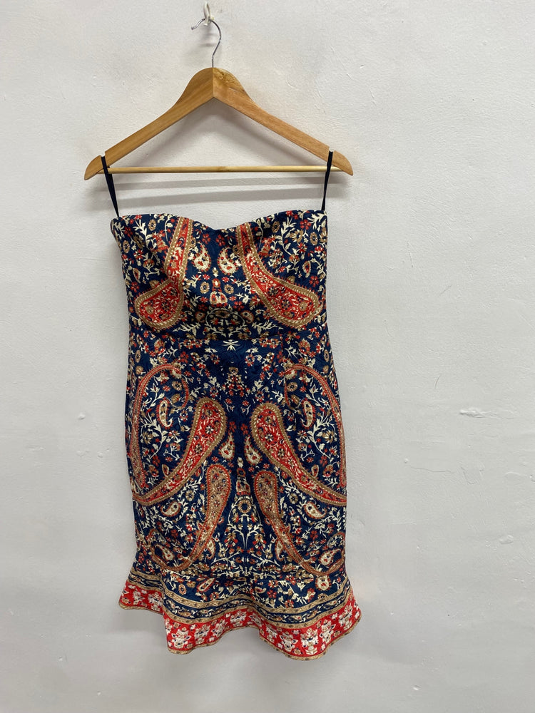 Stunning Comino Couture Mini dress strapless UK 12 Navy red paisley BB001