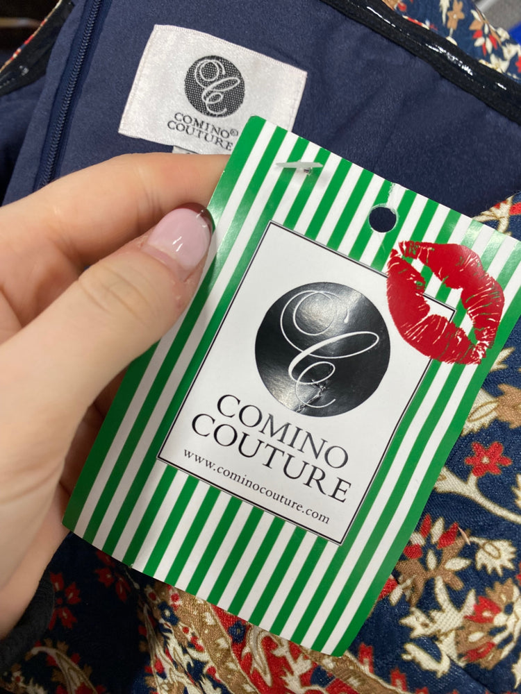 Stunning Comino Couture Mini dress strapless UK 12 Navy red paisley BB001