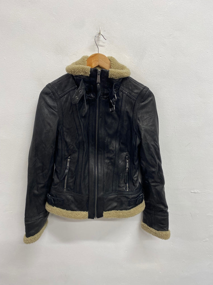 Stunning Michael Kors Leather biker Jacket shearling UK 10 Black beige BB001